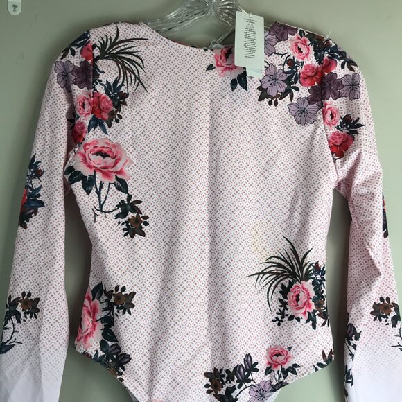 Women's Brazilian Pink Floral Long sleeve back zip swimsuit Size M, NWT - Picture 2 of 7
